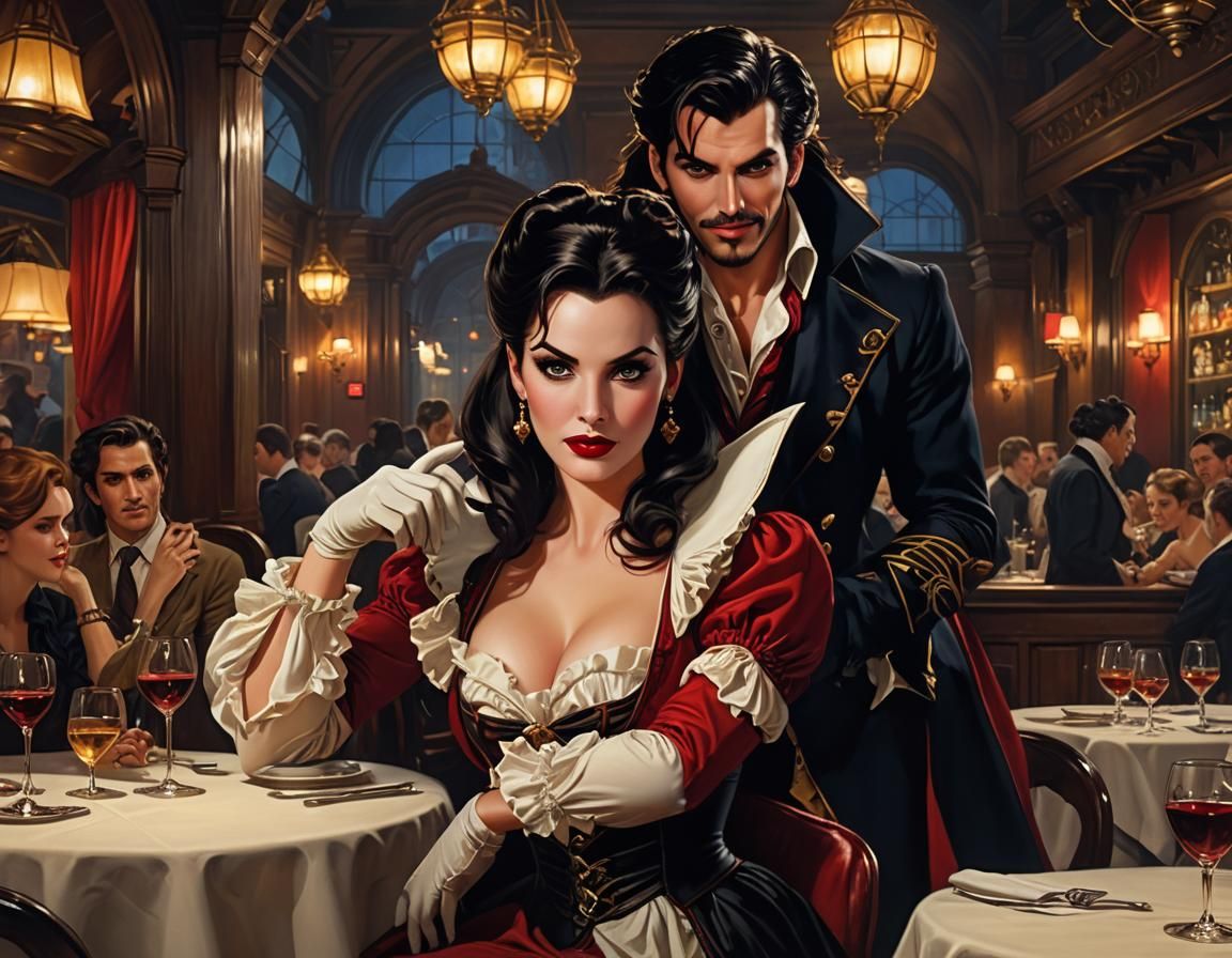 Captain Hook and Vampire in Hyperrealistic Restaurant