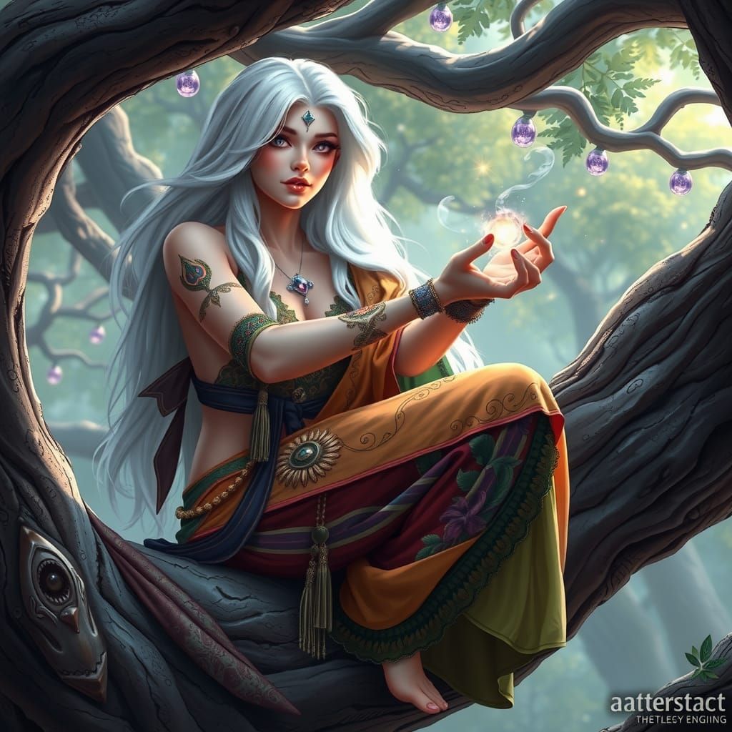 Sorceress Casting Spell in Ancient Tree
