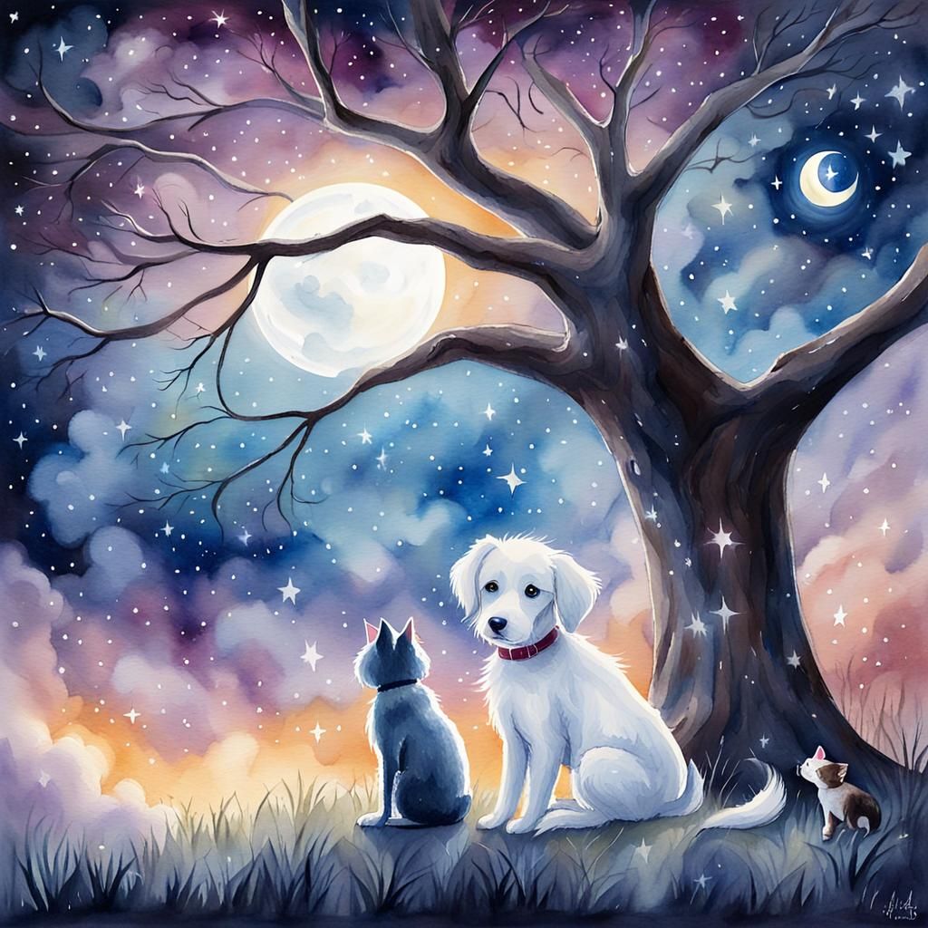Whimsical Watercolor: Dog and Kitten's Celestial Chat