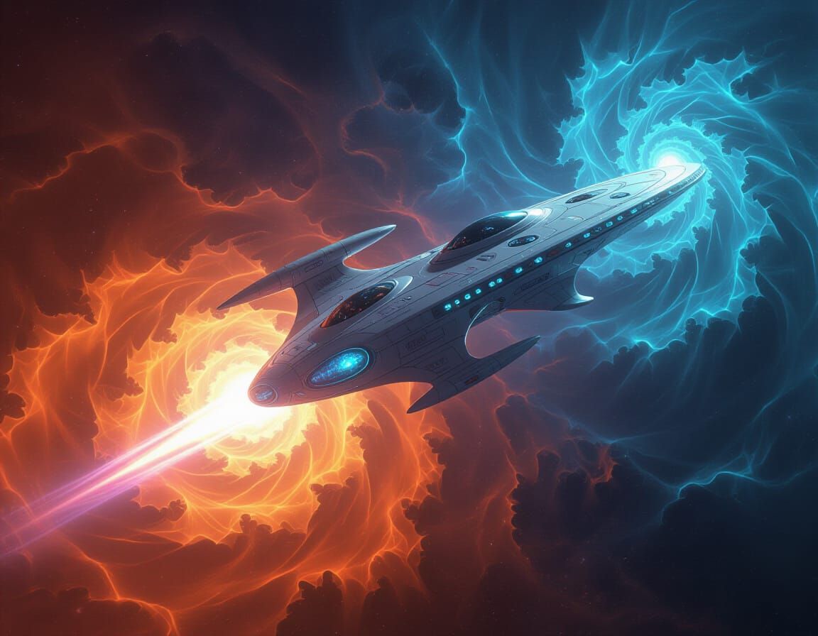 Fractal Starship Emerging From Swirling Nebula