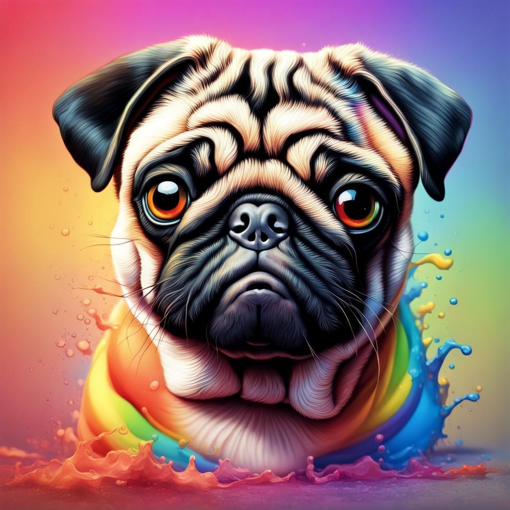 Hyperrealistic Rainbow Pug Puppy: Splash Art