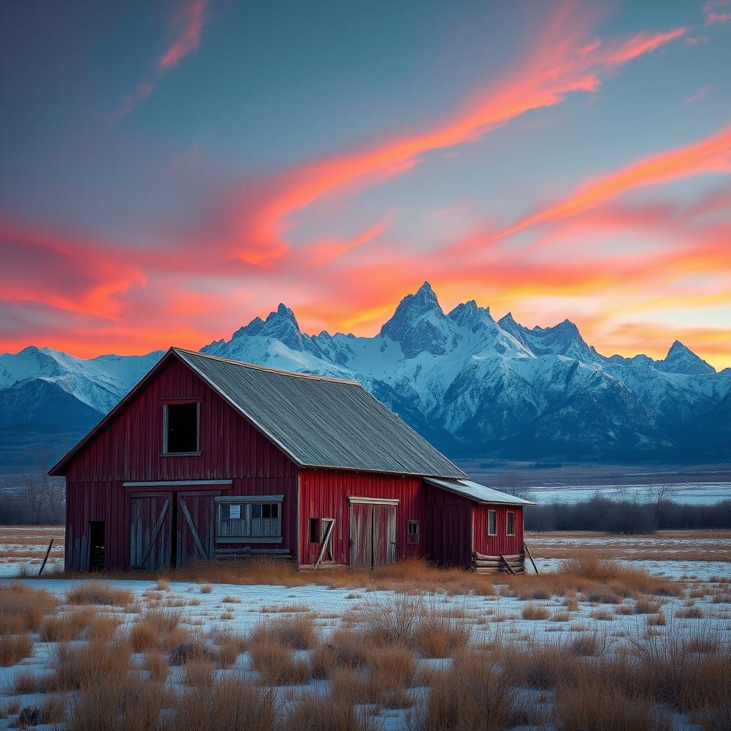 Rustic Red Barn Below Snow-Capped Teton Mountains at Sunset