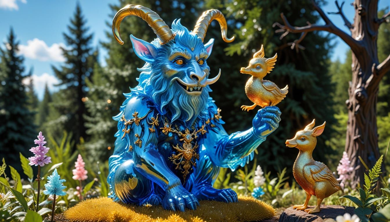 Krampus and Duckling Glass Sculpture in Summer Forest
