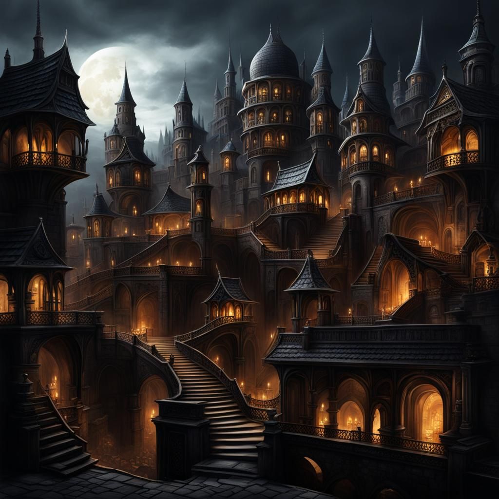 Layered Dark Fantasy Cityscape with Interconnected Structure...