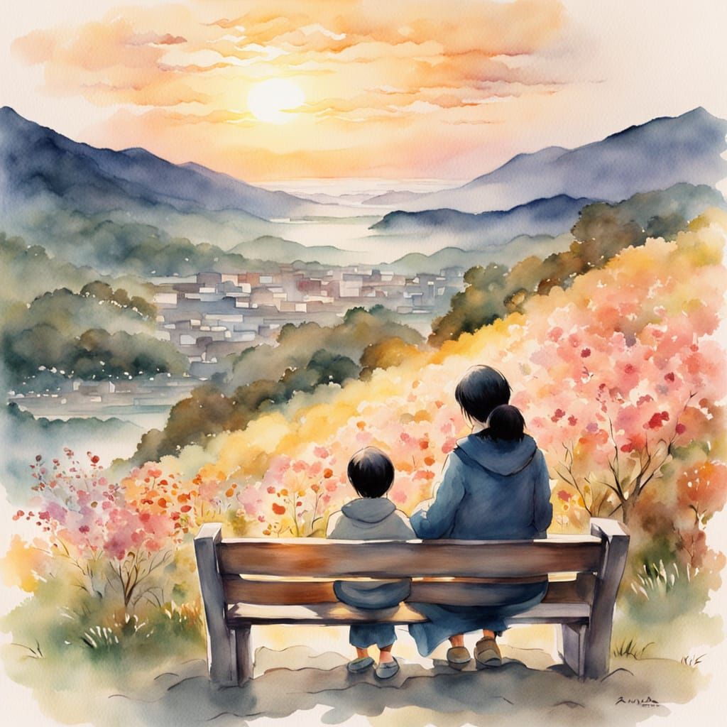 Japanese Mother and Son in Vibrant Sunrise Watercolor