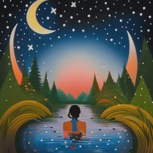 Woman Bathing in River Under Moonlight, Art Brut