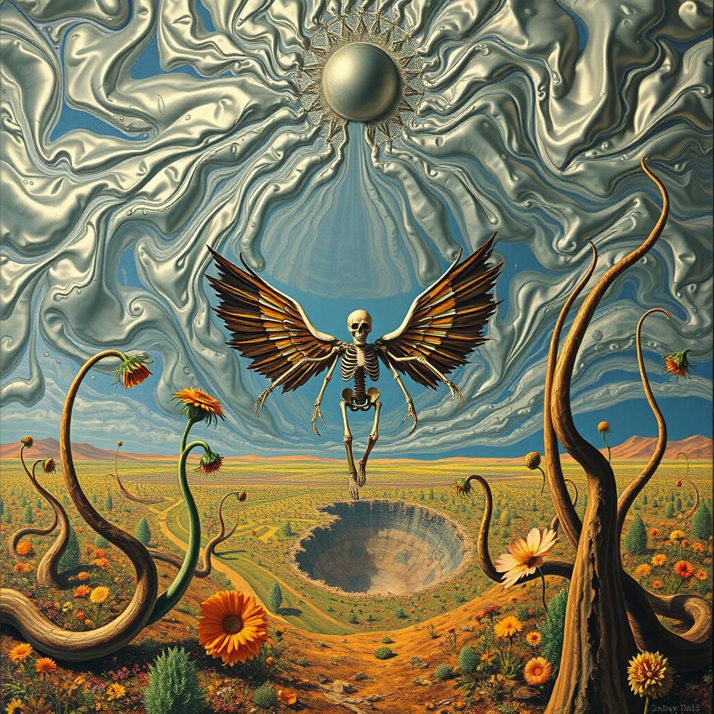 Surreal Landscape with Elastic Flora and Winged Skeleton