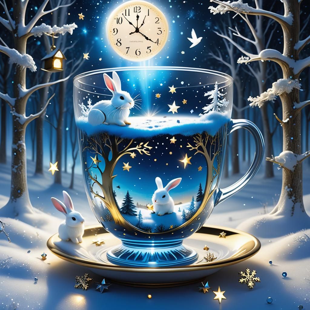 Magical Surrealism: Floating Cup with Rabbit and Stars