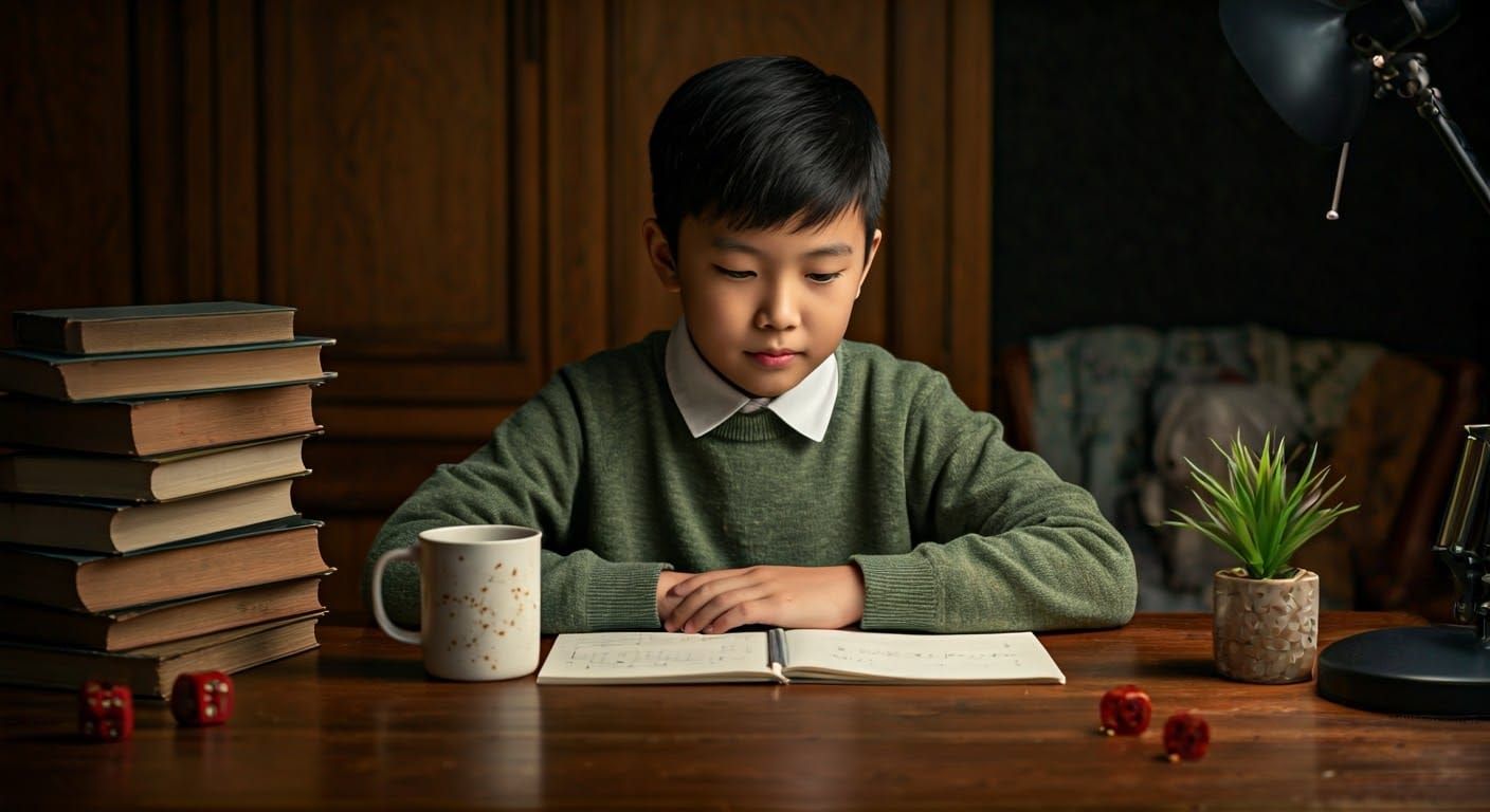 Serene Boy at Rustic Desk with Schnauzer