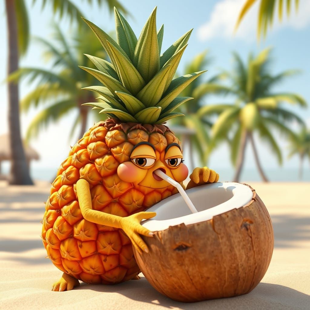 Vibrant Pineapple Character Sips Coconut on Sunny Beach
