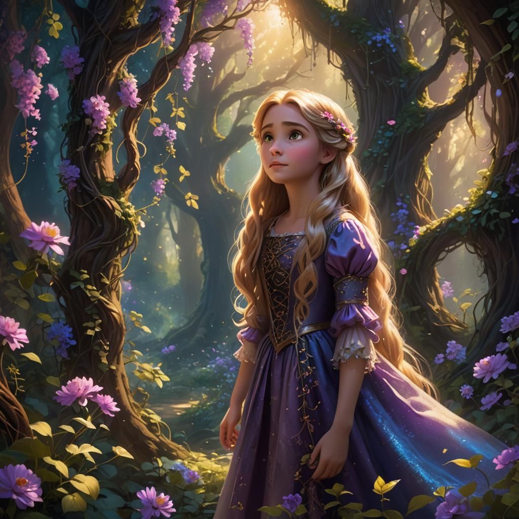 Little Rapunzel in Mystical Forest, Fantasy Art