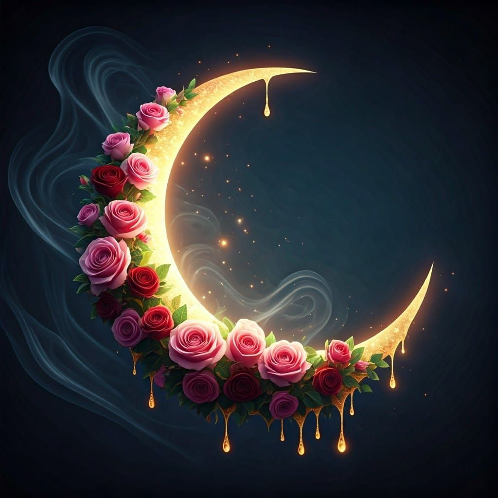 Golden Crescent Moon with Roses in Dreamy Sky