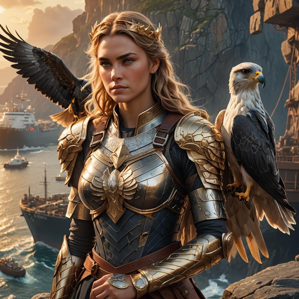 Valkyrie with Falcon: Hyperrealistic Digital Art