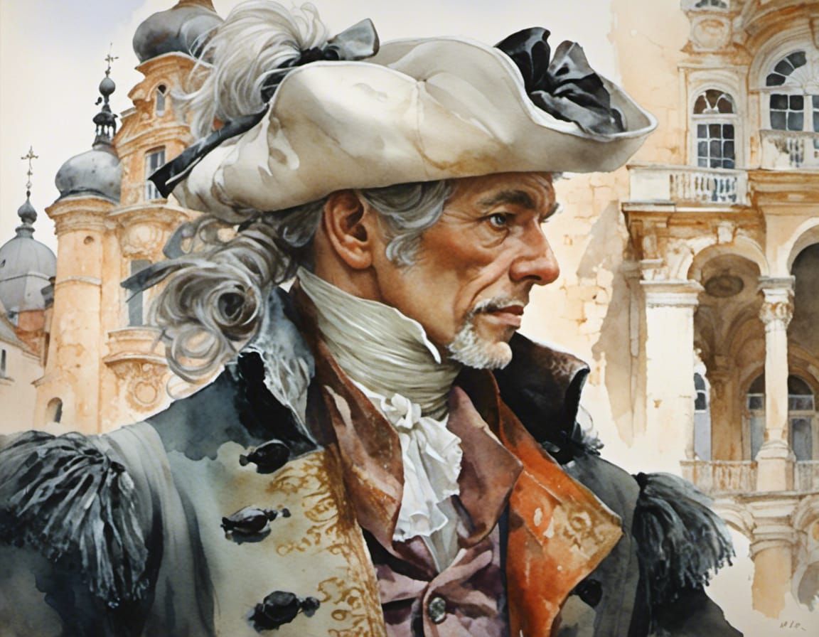 <lora:Bisag:1.0> <lora:Anti color fume:1.0> Watercolor Man in justuacorps coat with tricorn hat,white wig as his hair,Ro...