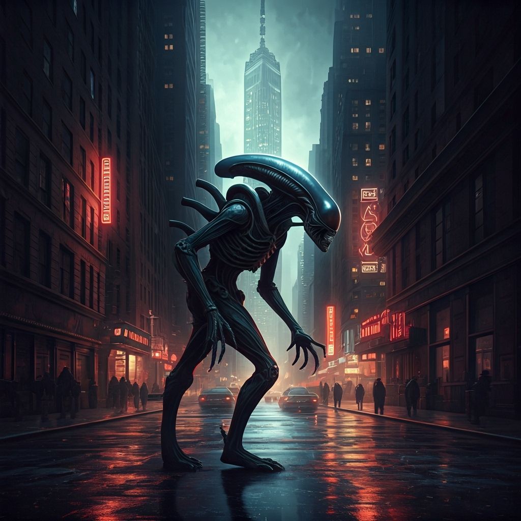 Xenomorph Walks Through Rainy New York City Street