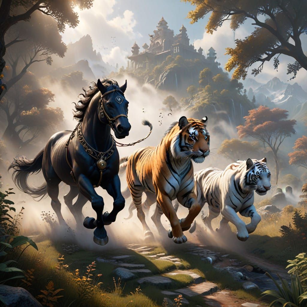 Majestic Steampunk Horses and Tiger in Indian Mountains