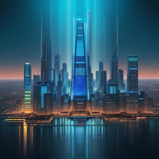 Eine futuristische Stadt mit majestätischen Gebäuden aus str...