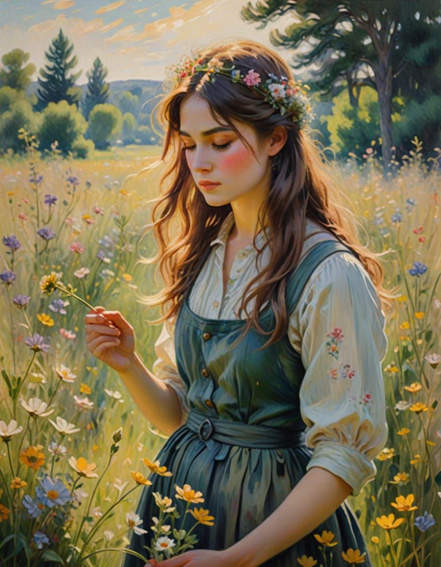 Woman Collects Wildflowers in Whimsical Impressionist Meadow