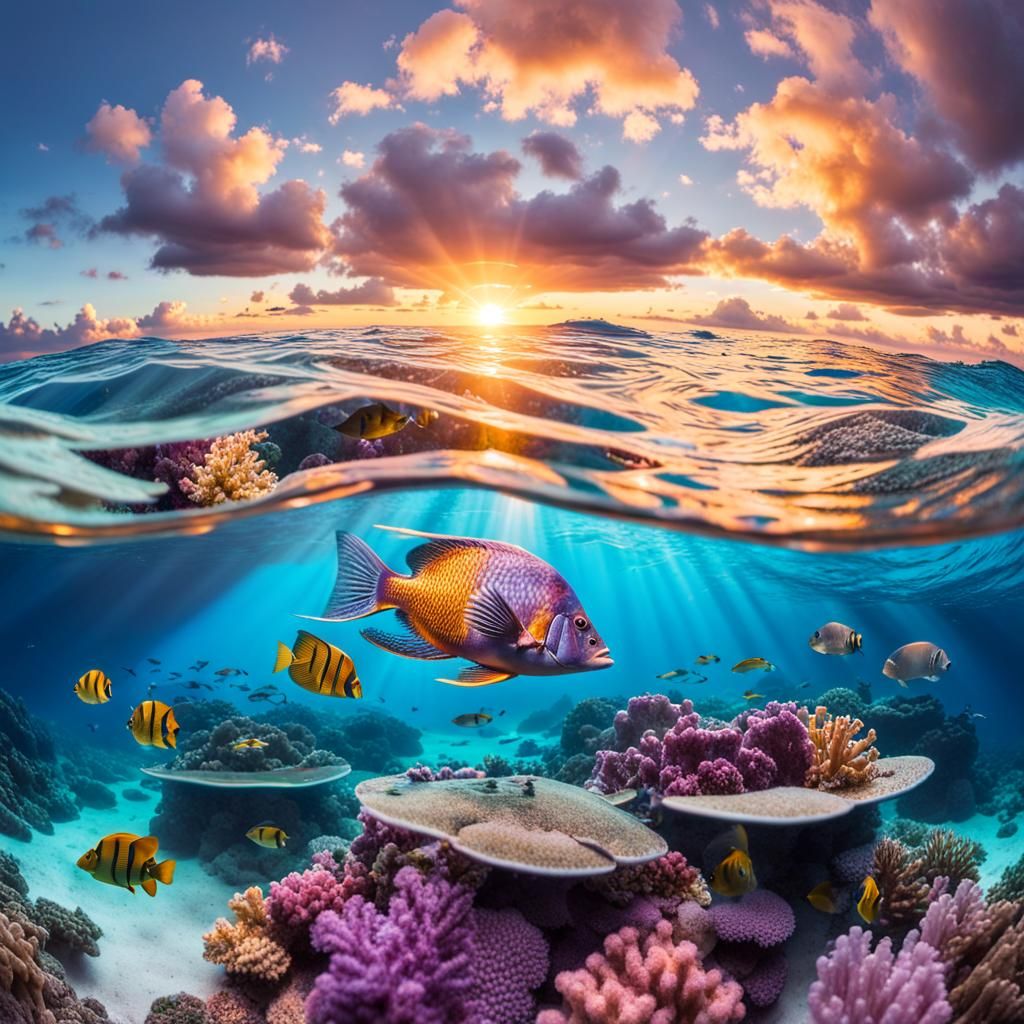 Underwater Sunset with Coral Reef in Hyperrealism