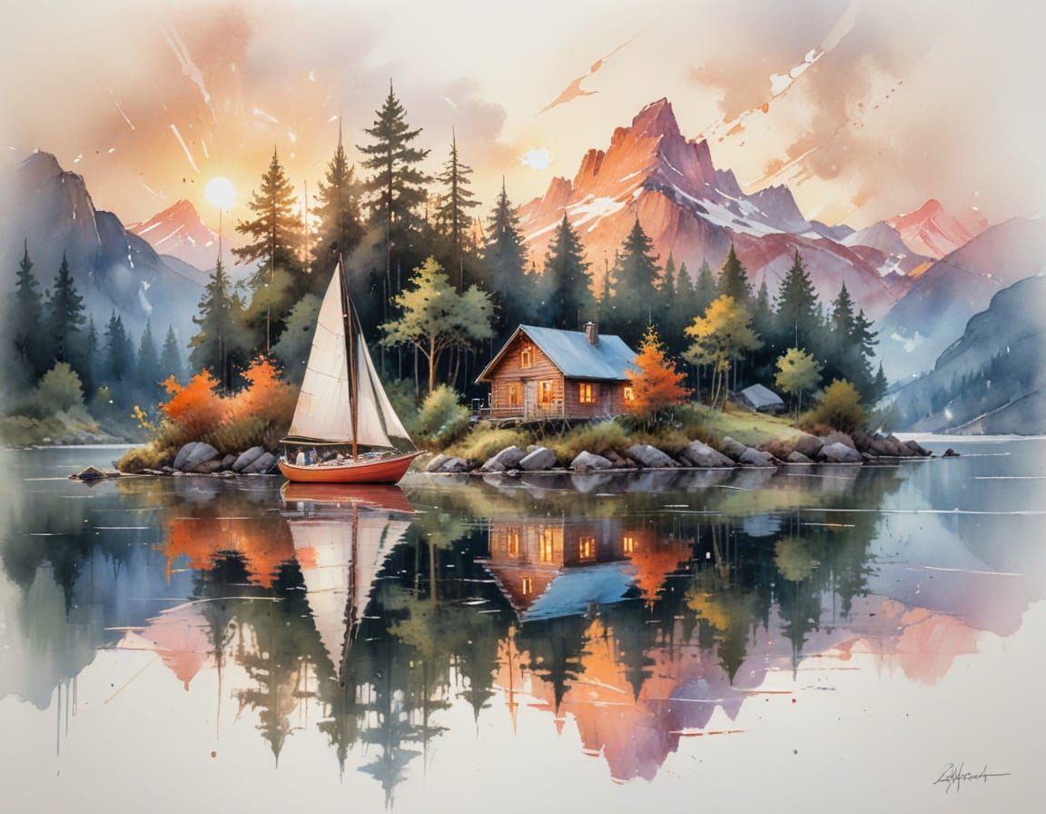 Serene Lakeside Sunrise with Sailboat and Cabin