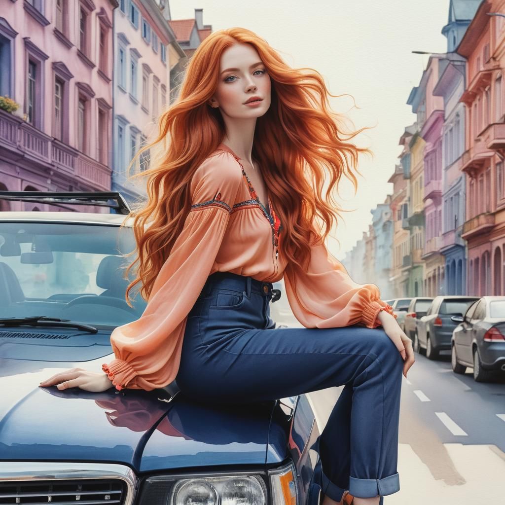 a stunning  woman, long flowing ginger hair, wearing a boho ...