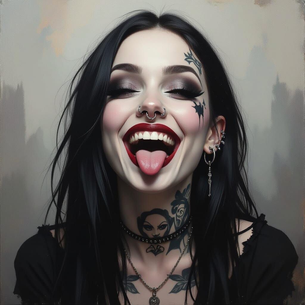 Gothic Woman Laughs Sardonically in Surreal Fog