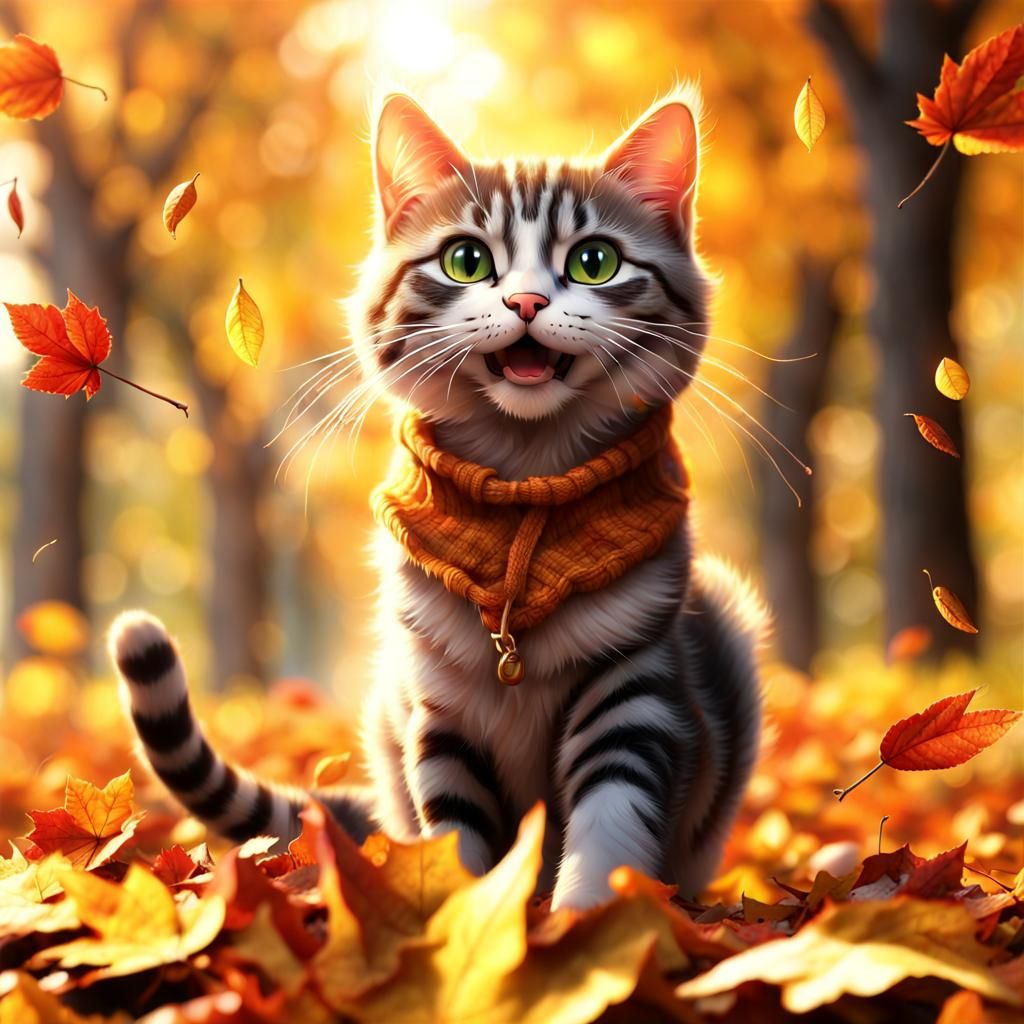 Happy Cat Playing in Fall Leaves with Bokeh