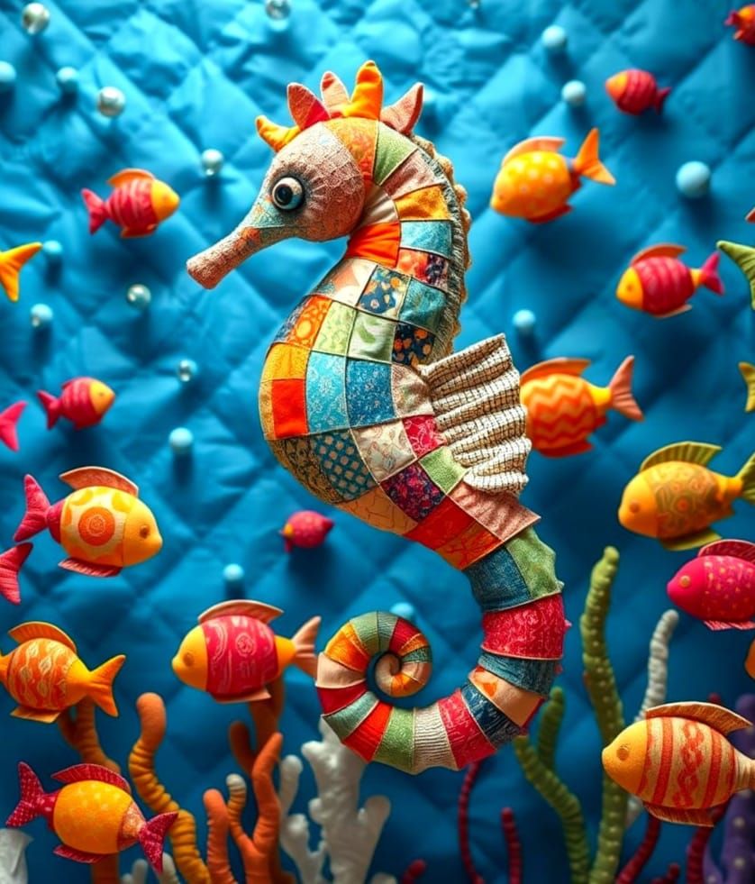 Whimsical Fabric Seahorse in a Quilted Ocean Scene