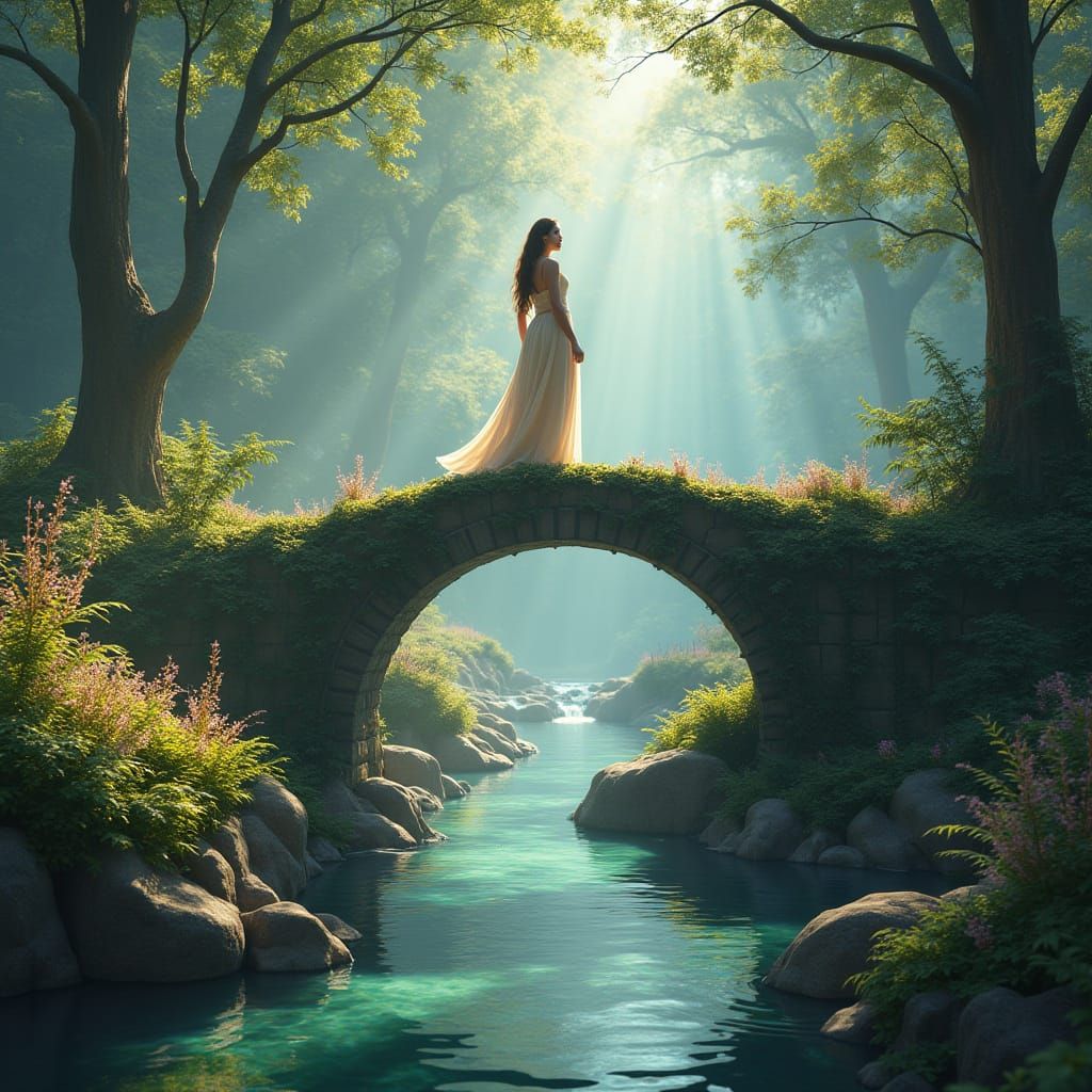 Woman on Stone Bridge in Fantasy Landscape