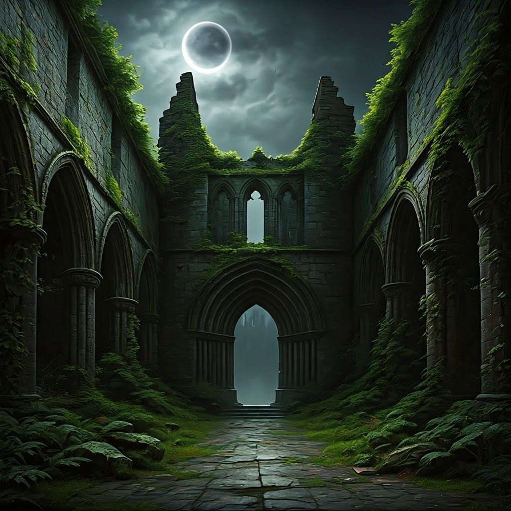 Ominous Black Moon over Abandoned Monastery