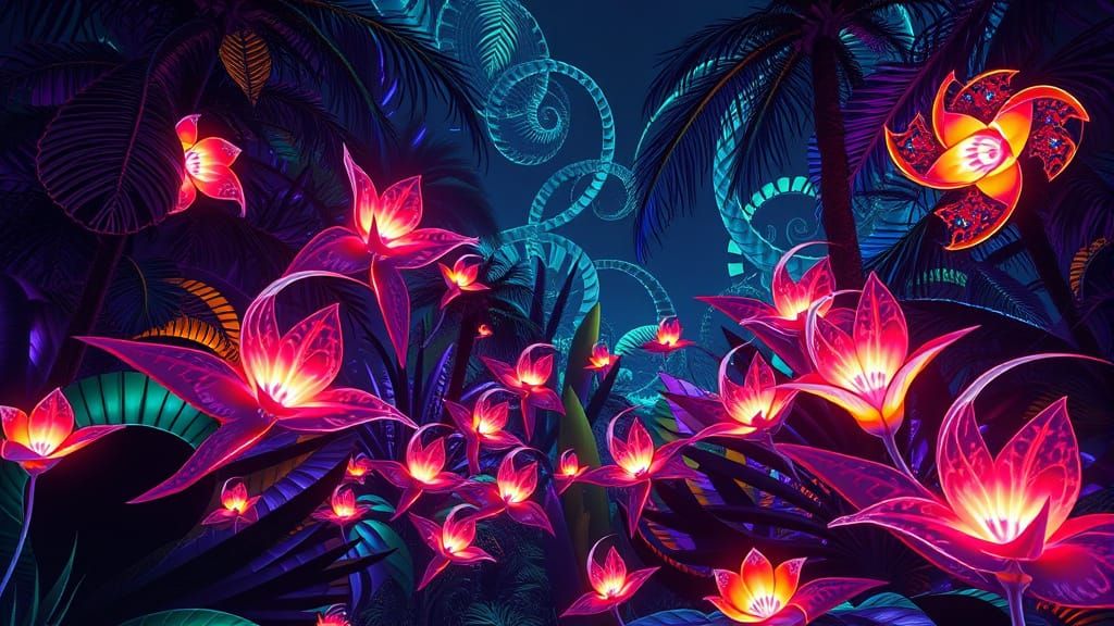 Fractal Zentangle Gardenscape with Neon Floral Illumination