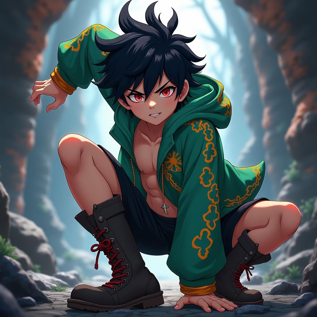 Anime Boy in Green Jacket Fantasy Matte Painting