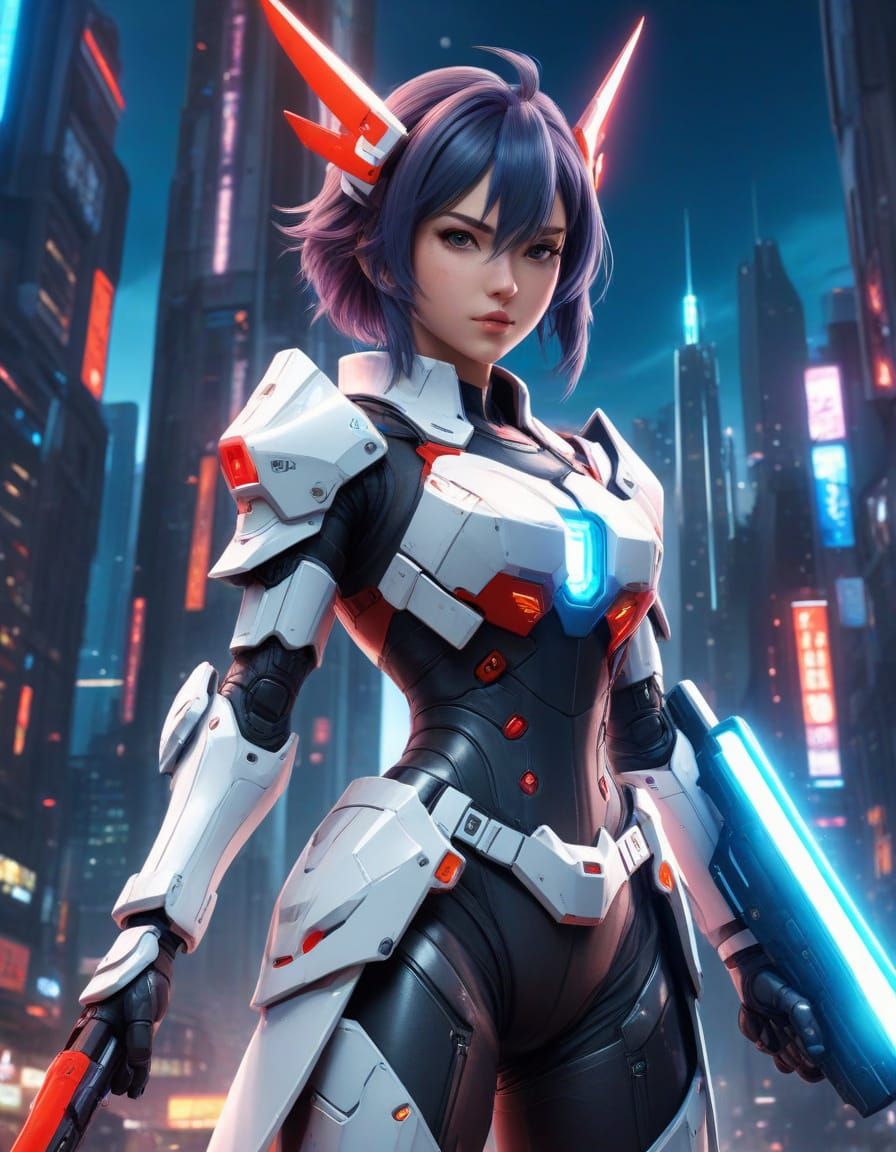 Girl Hero in Futuristic Cityscape Armor