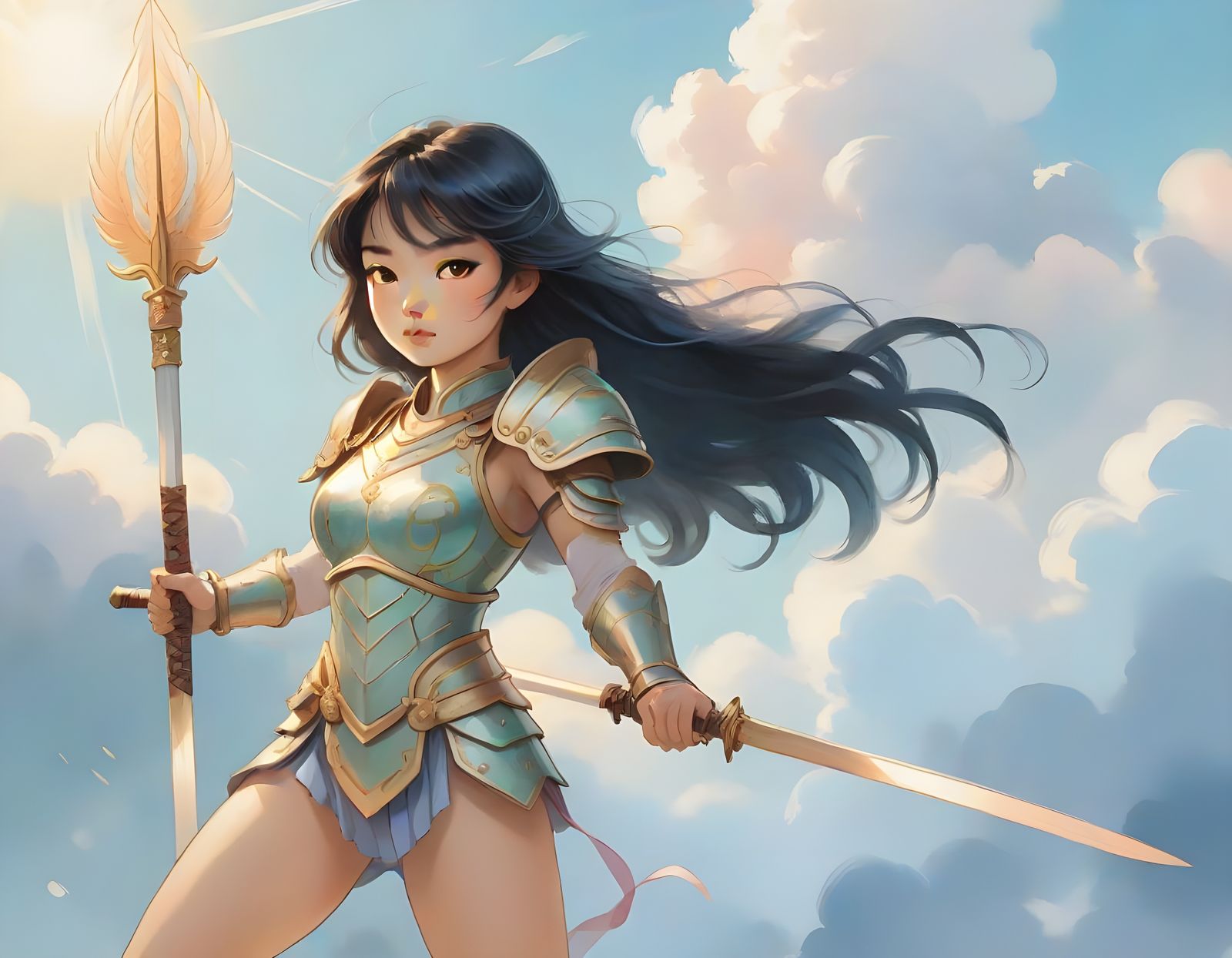 Asian Warrior Radiates Heavenly Light in Soft Focus