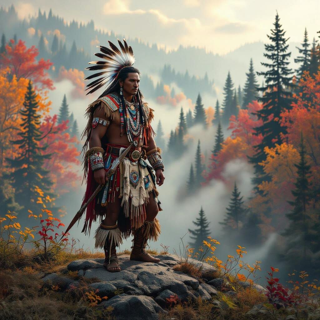 Iroquois Warrior Gazes from Autumn Boreal Forest