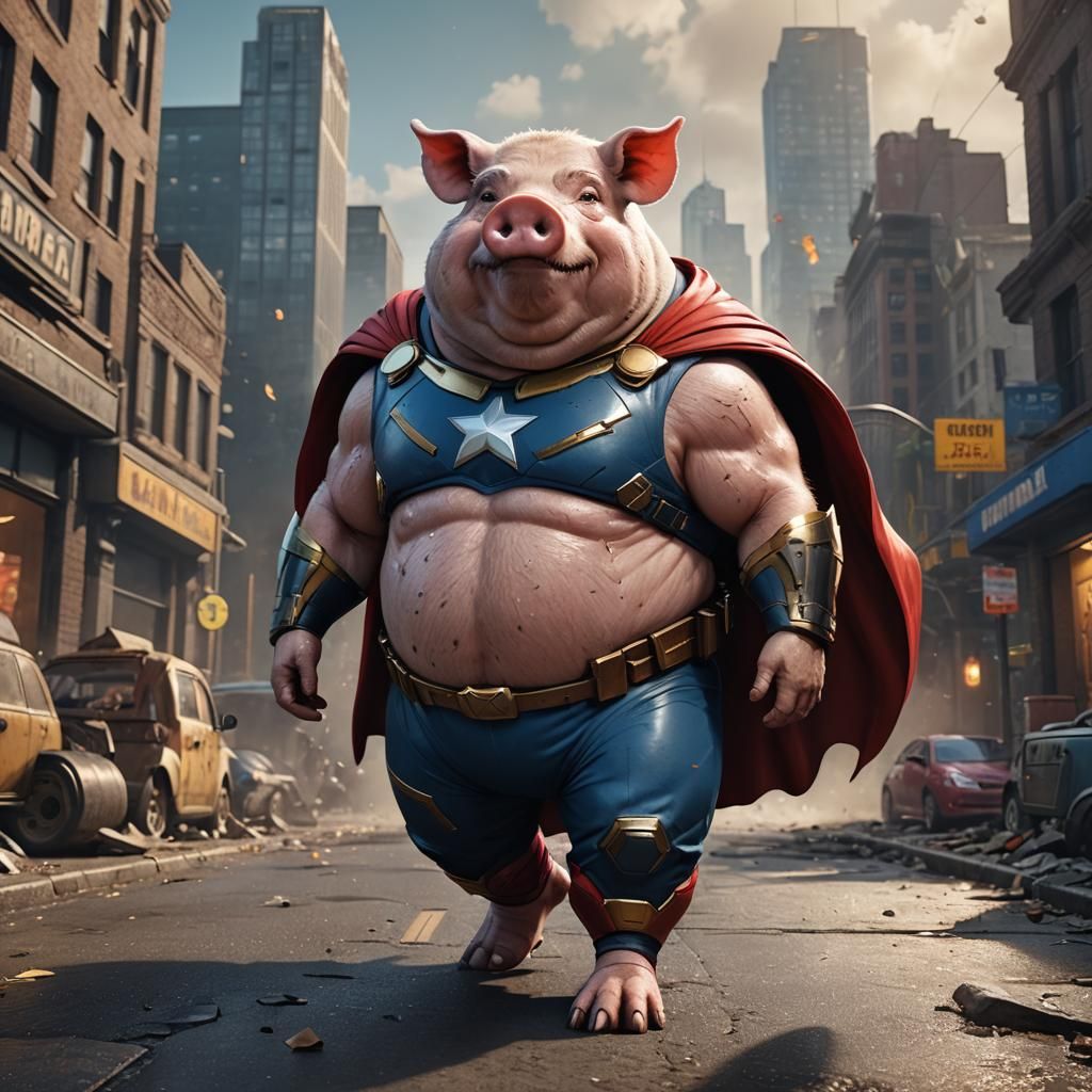 Humorous Pig in Superhero Costume, Digital Art