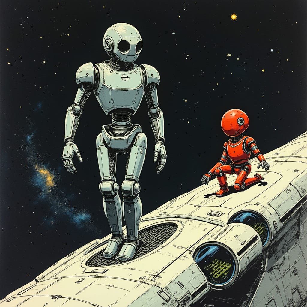 Robots Repairing Starship in Sci-Fi Comic Art Style