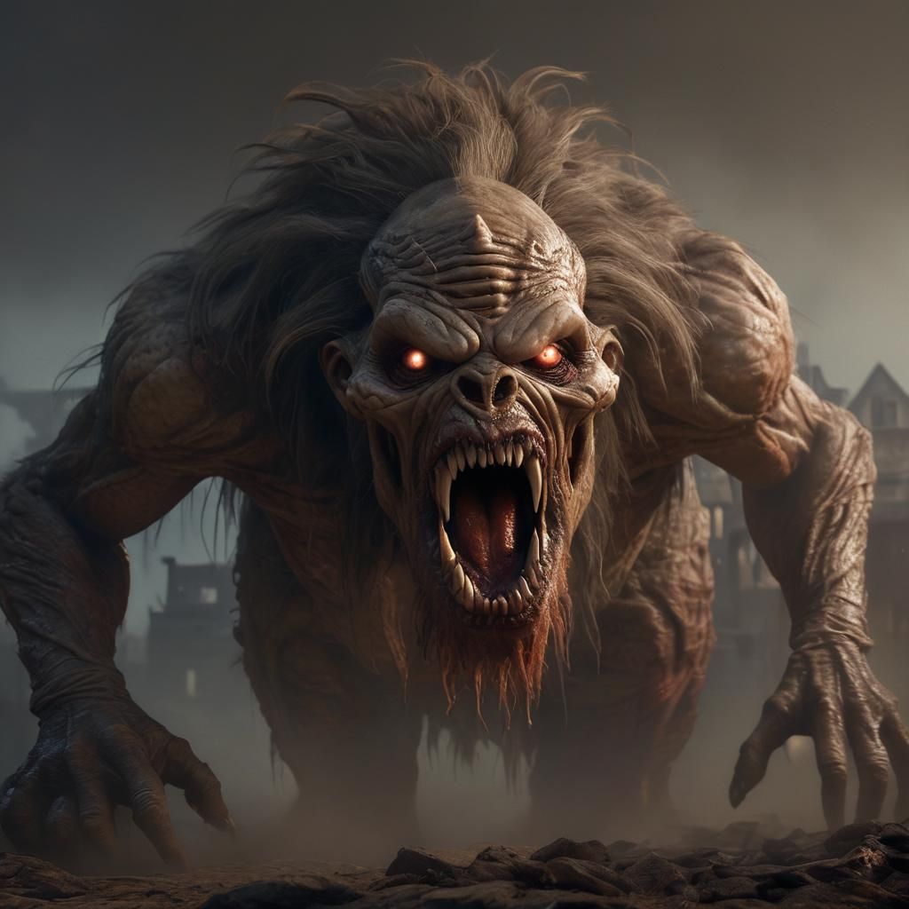 A Hyperrealistic, cinematic shot of a massive, wrinkled, and hair-covered creature with a mummy-like texture. The creatu...