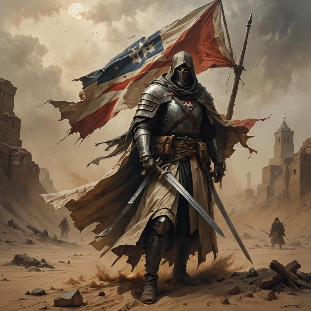 Templar Knight in Sandstorm: Dark Fantasy Oil Painting