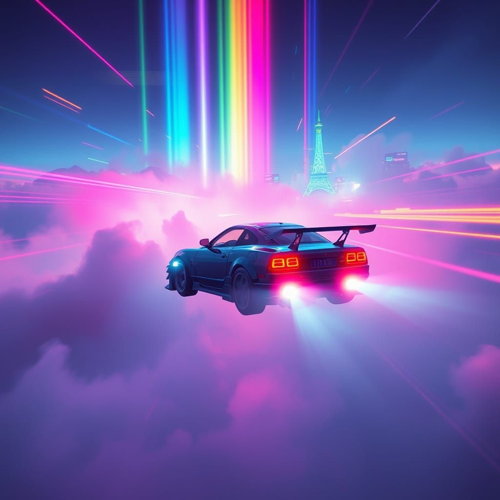 Airborne Car Soaring Through a Neon Dreamscape