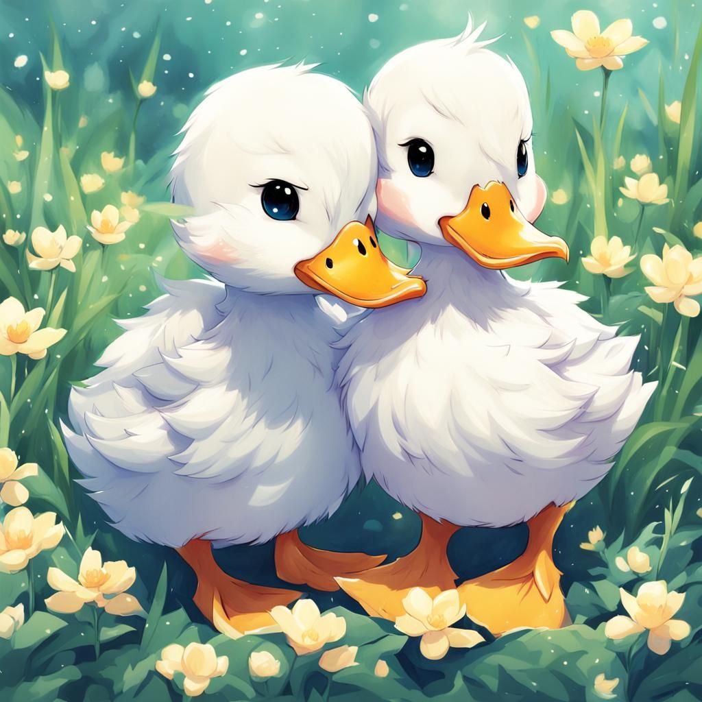 Cute Ducks Hugging in Anime Style