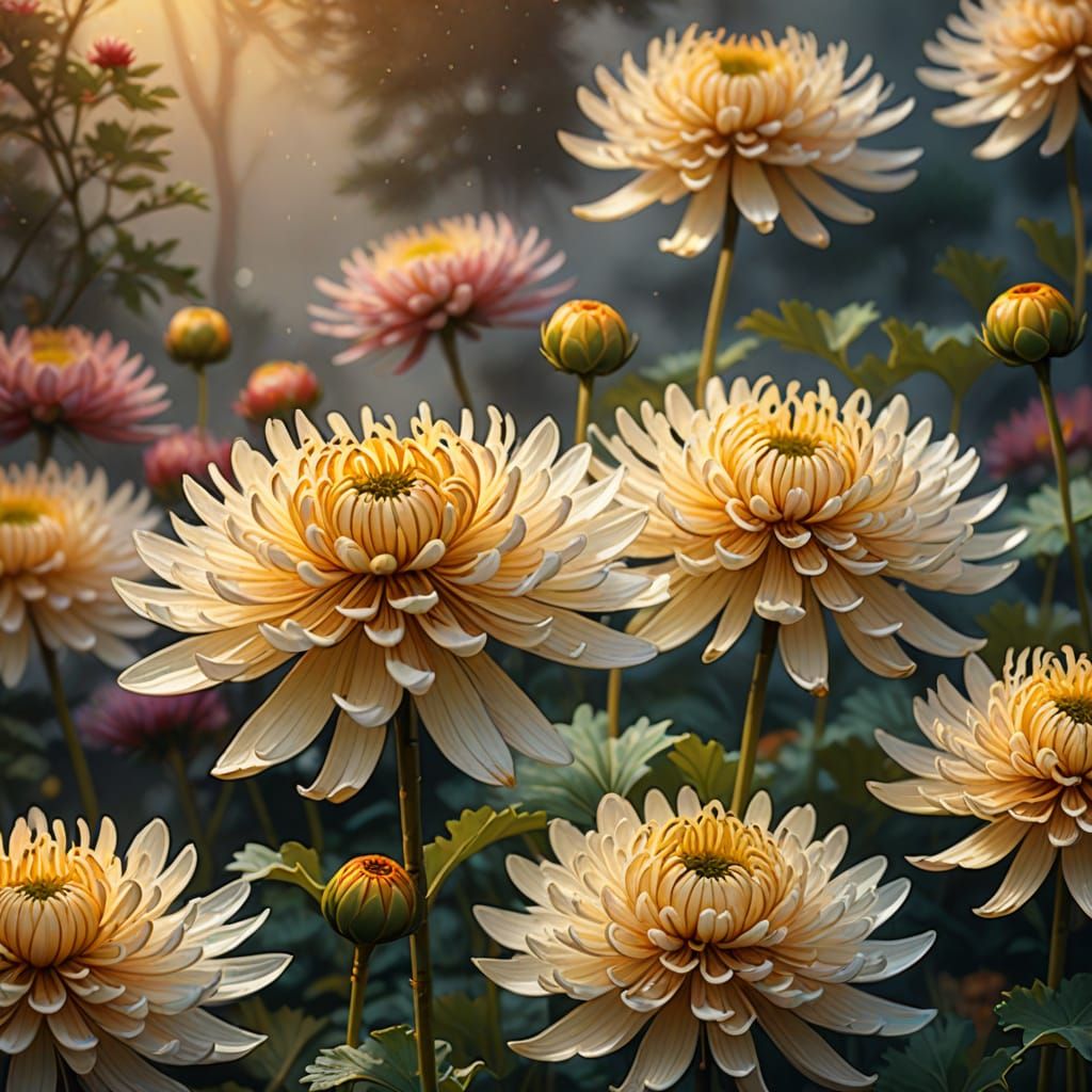 Chrysanthemum in Misty Garden: Ukiyo-e Style