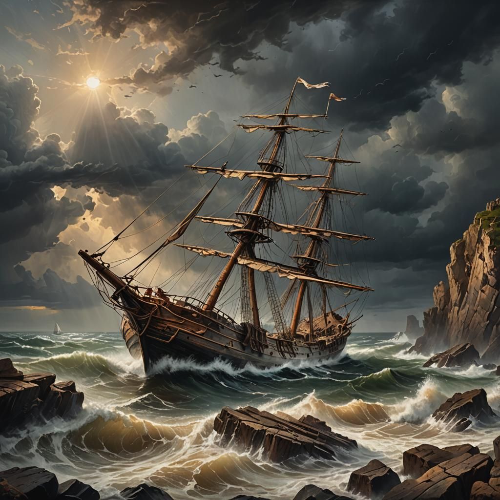 Wrecked Sailing Ship on Rocky Shore in Oil Painting