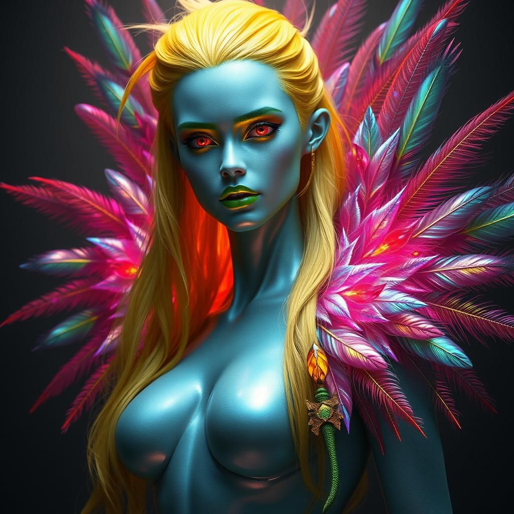 Fantastical Silver Woman with Feathers, in Digital Art Style