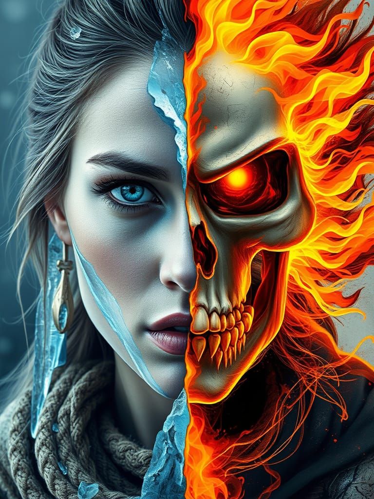 A warrior woman portrait split between good and evil