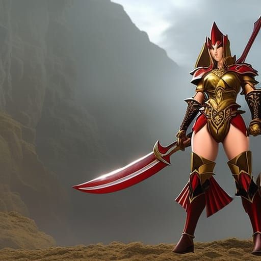 Anime Maiden in Skimpy Red and Gold Armor