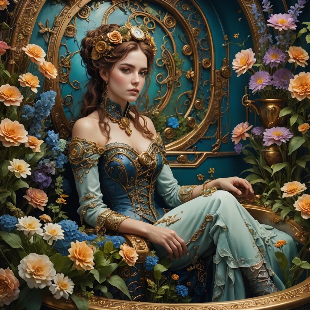 Steampunk Woman in Floral Porcelain Tub: Digital Art