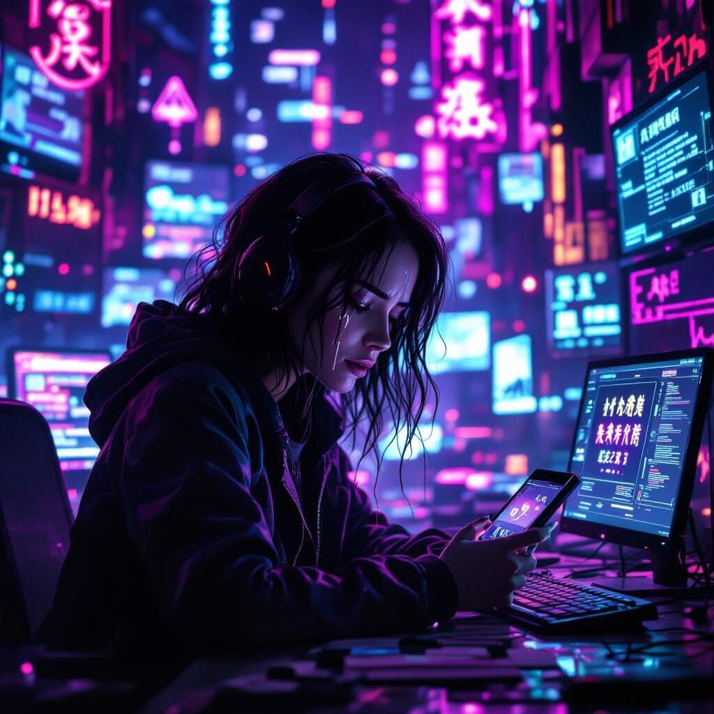 Cyberpunk Woman in Neon Room with Cyberbullying Messages
