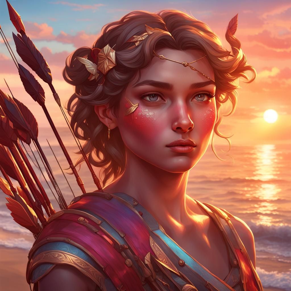 Female Cupid Portrait at Sunset in Art Nouveau Style
