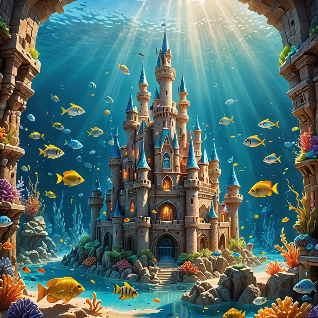 Submerged Sandcastle Kingdom: Underwater Fantasy Scene